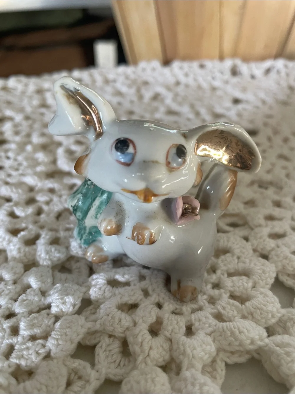 1950 Derby White Ceramic Bunny toothpick holder with Gold Accents